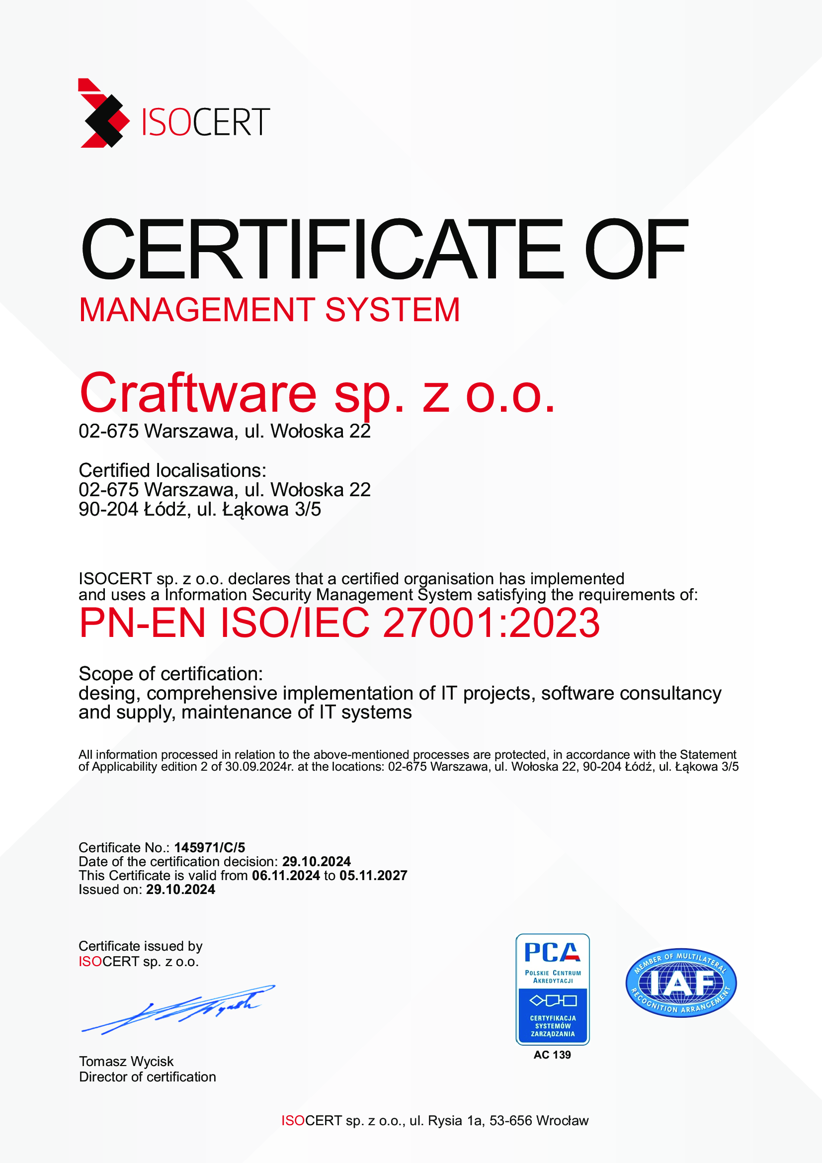 Craftware z certyfikatem ISO 27001